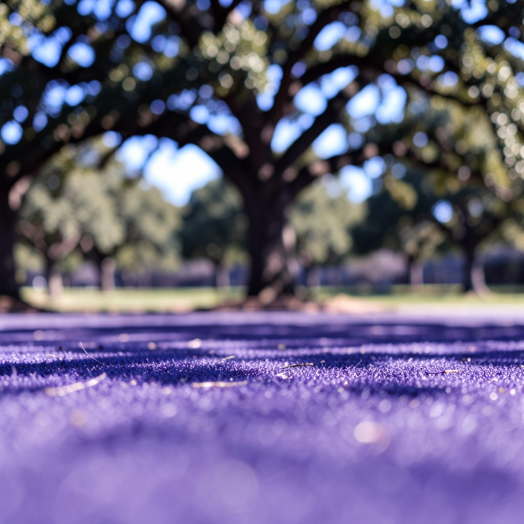 Soft-focus image of a grassy quad with mature oak trees and dappled shade on a bright day