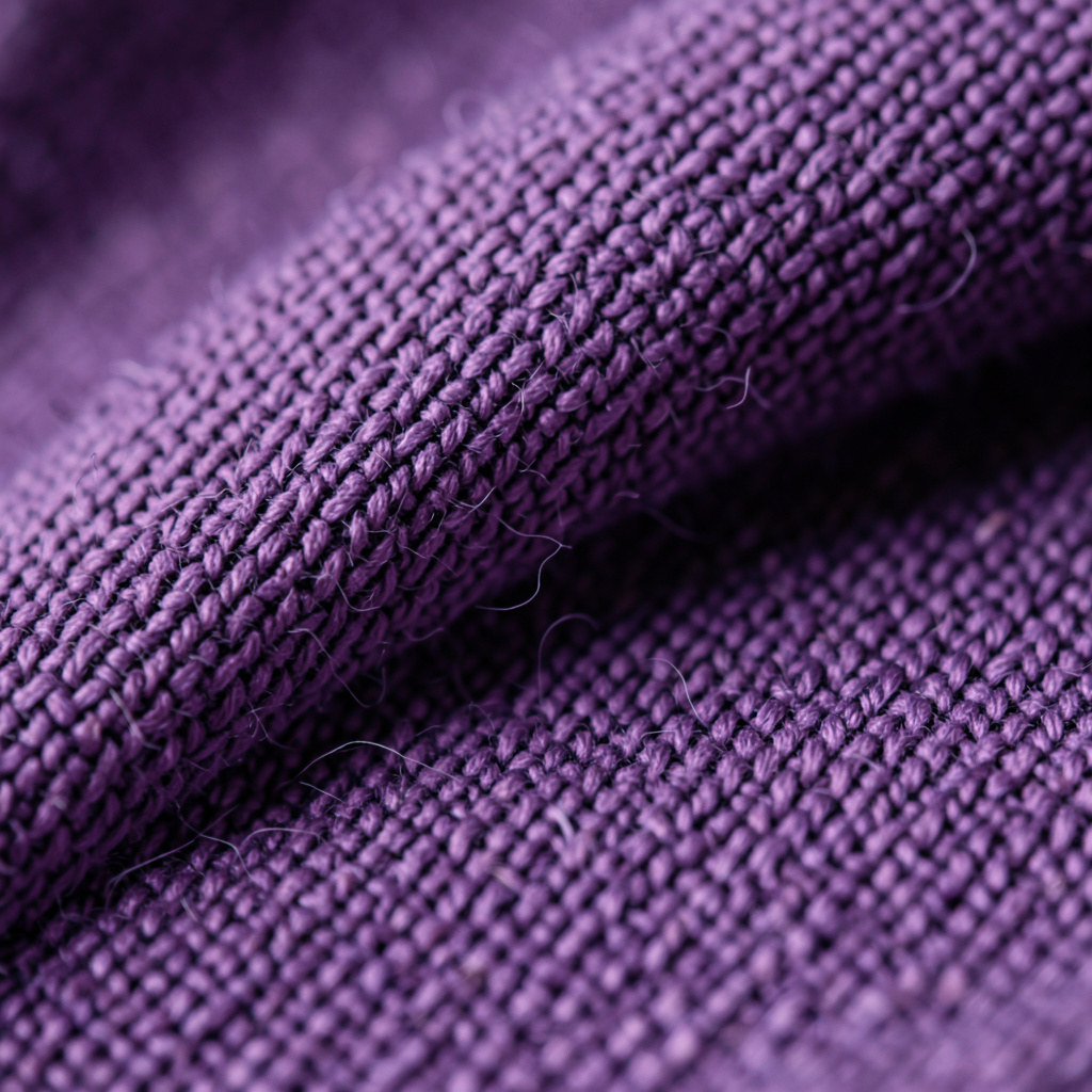 Extreme close-up photograph of textured woven fabric in deep purple and soft lavender tones, with visible thread detail and a warm, tactile mood