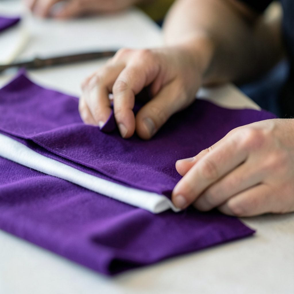 Close-up of hands arranging folded purple and white fabric on a table, community-service mood