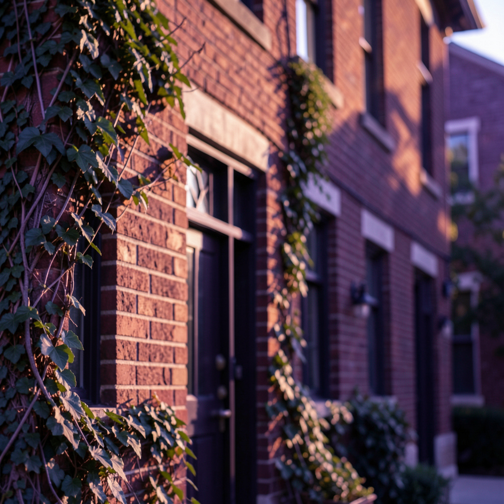 Warm-toned photograph of a brick campus building facade with ivy, bathed in late-afternoon sunlight