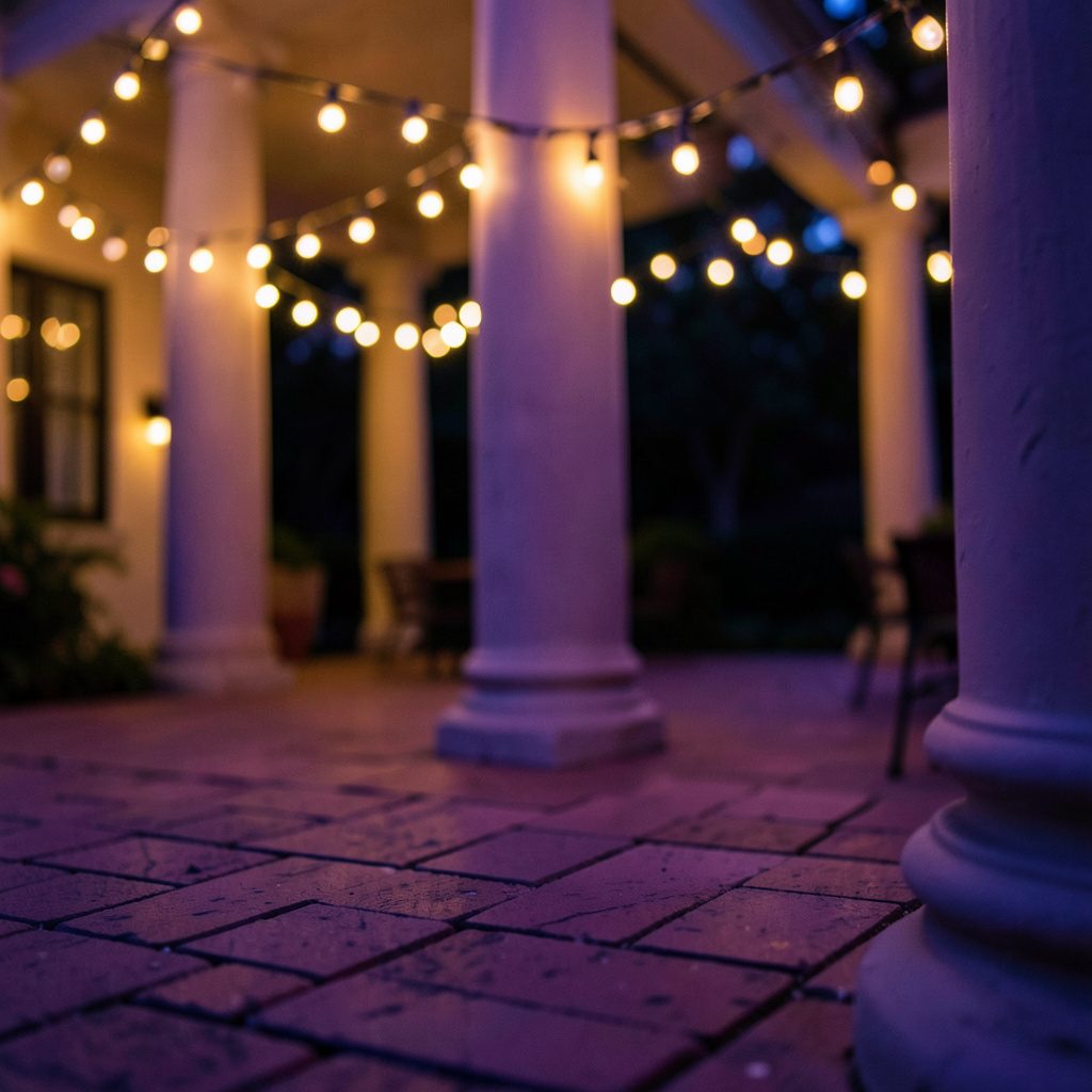 Evening scene of string lights draped between columns on a brick patio, warm and inviting atmosphere