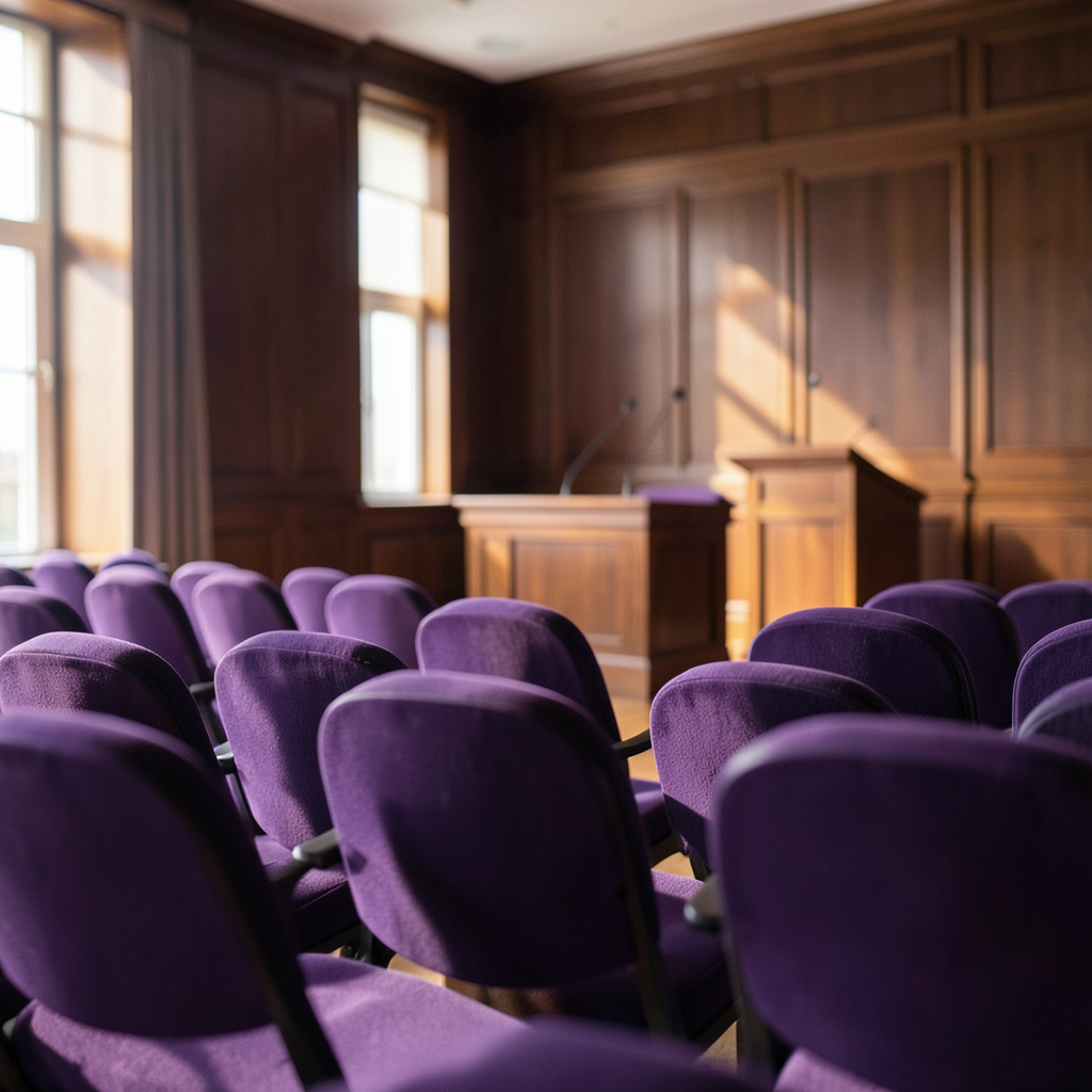 Sunlit interior of a wood-paneled meeting room with rows of chairs and a podium, quiet and formal
